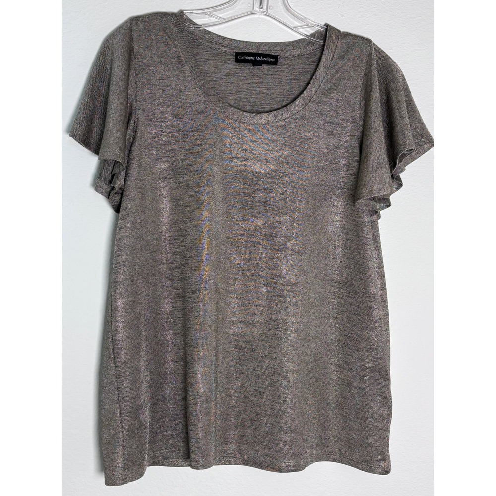 Catherine Malandrino Bronze Metallic Knit Flutter Sleeve Scoop Neck‎ Top Large